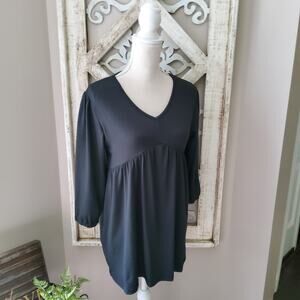 Times Two Maternity 3/4 Sleeve Balloon Elastic Waist Babydoll Top Tunic in Black